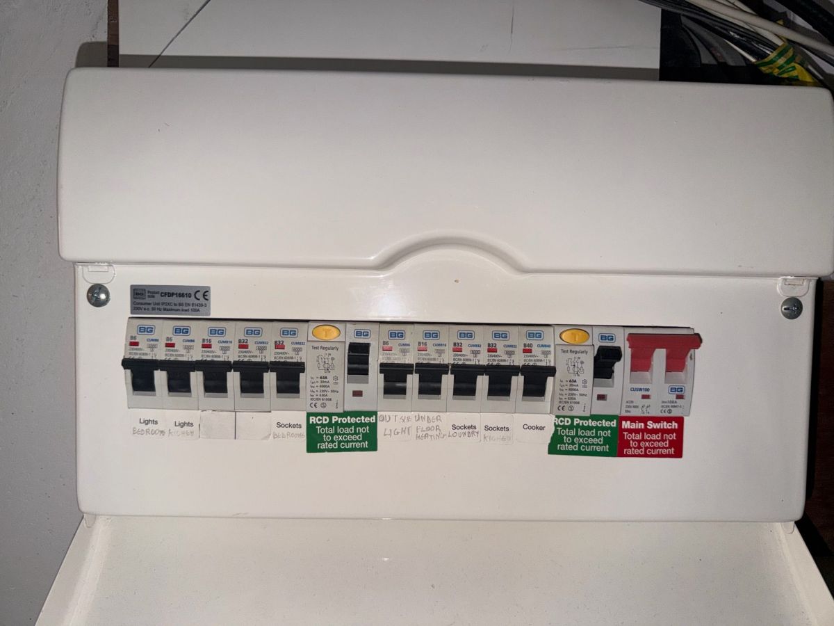Modern consumer unit with RCD-protected circuits and a clear label strip after an upgrade