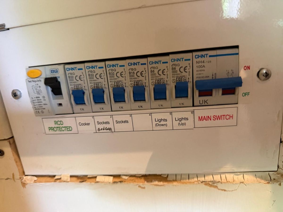 Older consumer unit with a single RCD and labelled circuits, recorded during an electrical inspection